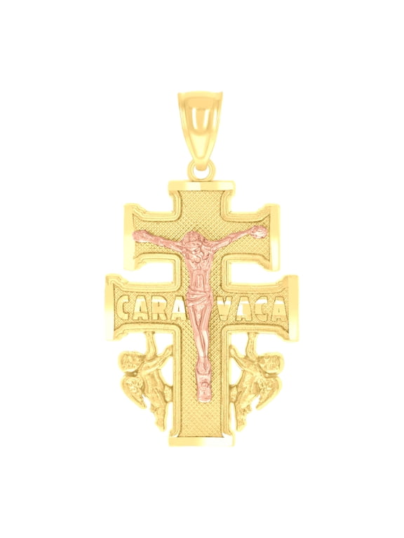 14k Gold Unisex Tri-color Caravaca Cross Crucifix Angels Religious Ht:34mm Pendant Charm Pendant Necklace for Men Women