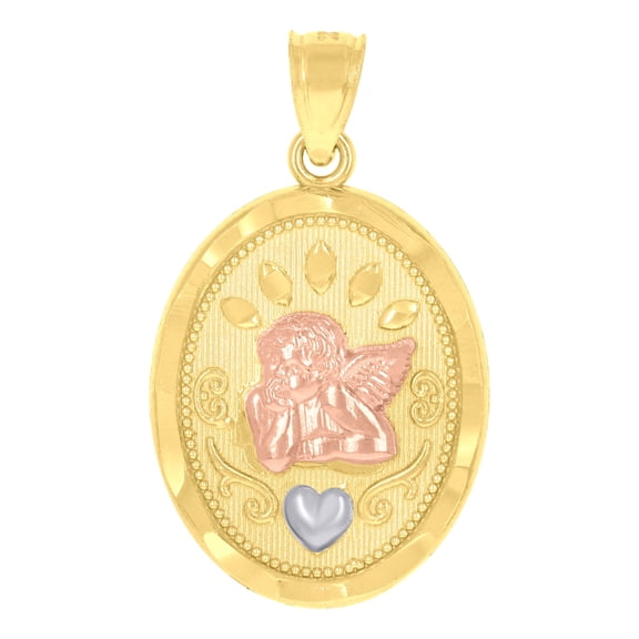 14k Gold Unisex Tri-color Cupid Heart Oval Ht:27.1mm Pendant Charm for Men Women