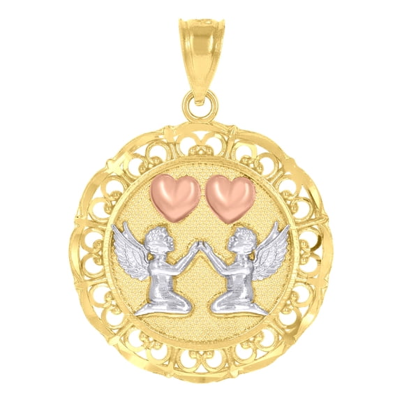 14k Gold Unisex Tri-color Cupid Heart Round Medallion Ht:29.1mm Pendant Charm for Men Women