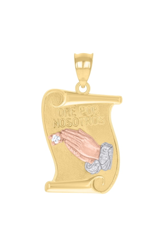 14k Gold Unisex Tri-Color Cz Praying Hands Ore Por Nosotros Ht:27.3Mm Pendant