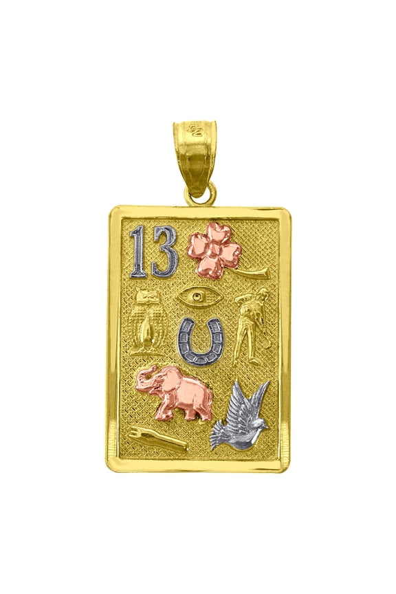 14k Gold Unisex Tri-color No.13 Elephant Owl Horse Shoe Clover Lucky Rectangle Amulet Good Luck Pendant for Men Women