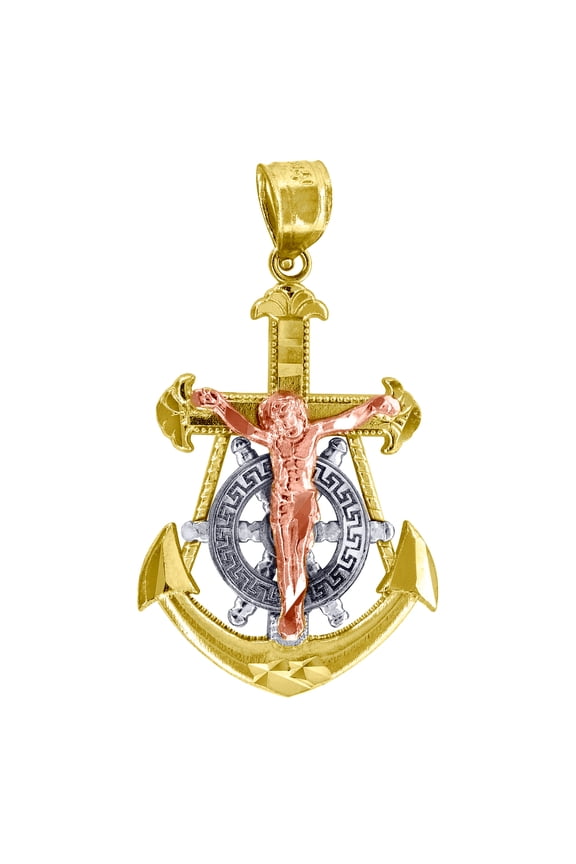 14k Gold Unisex Tri-color Nautical Ship Mariner Anchor Cross Crucifix Religious Height 32mm Pendant Necklace Charm Penda