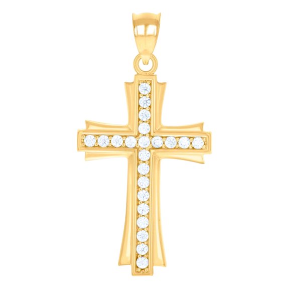 14k Gold Unisex Two-tone Cubic Zirconia Cross Religious Pendant Necklace Charm 33.7x17mm Wide Pendant for Women