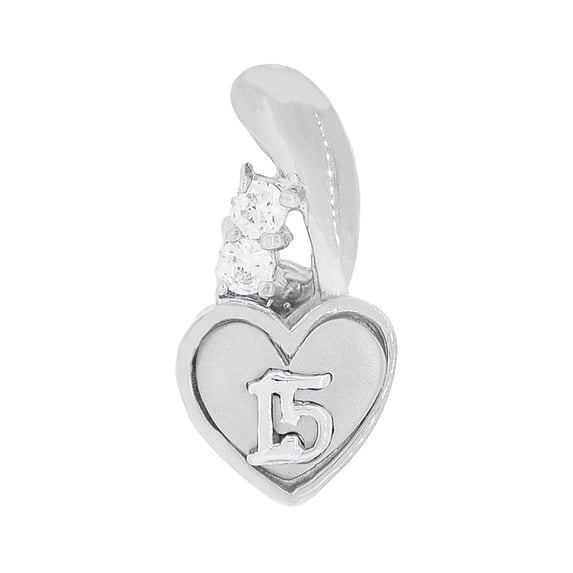 14k Gold White Rhodium, 15 Anos Heart Quinceanera Pendant Charm Created CZ 8mm with 18" Dainty Neck Chain