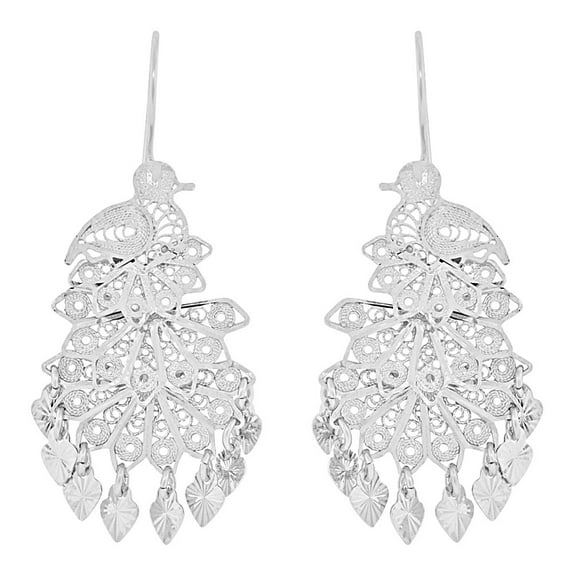 14k Gold White Rhodium, Fancy Filigree Peacock Chandelier Drop Earring 23mm Wide