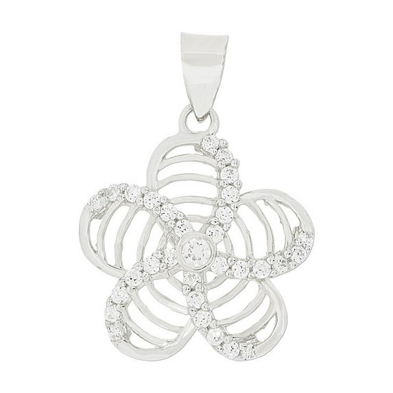 14k Gold White Rhodium, Fancy Hawaiian Flower Lei Pendant Charm Created CZ 20mm with 16" Dainty Neck Chain