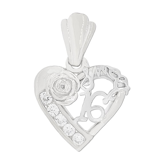 14k Gold White Rhodium, Heart Sweet 16 Pendant Charm Created CZ 17mm with 18" Dainty Neck Chain