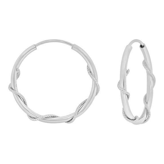 14k Gold White Rhodium, Plain Hollow 2mm Tube Hoop Woven Wire Earring 18mm Inner Diameter