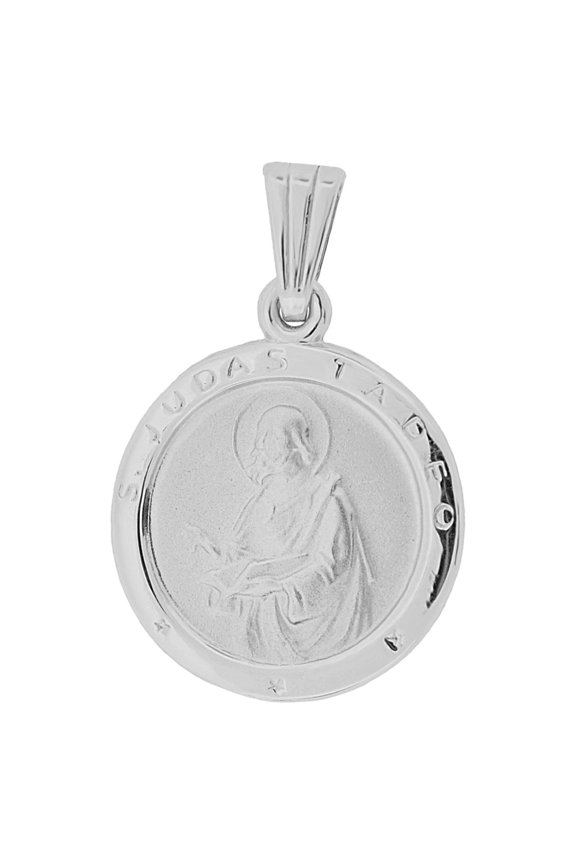 14k Gold White Rhodium, Saint Jude San Judas Tadeo Religious Pendant Charm Round Medal 17mm NO Necklace