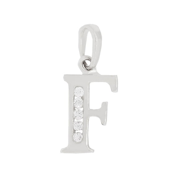 14k Gold White Rhodium, Small Initial Capital Letter F Pendant Charm Created CZ 7mm Wide