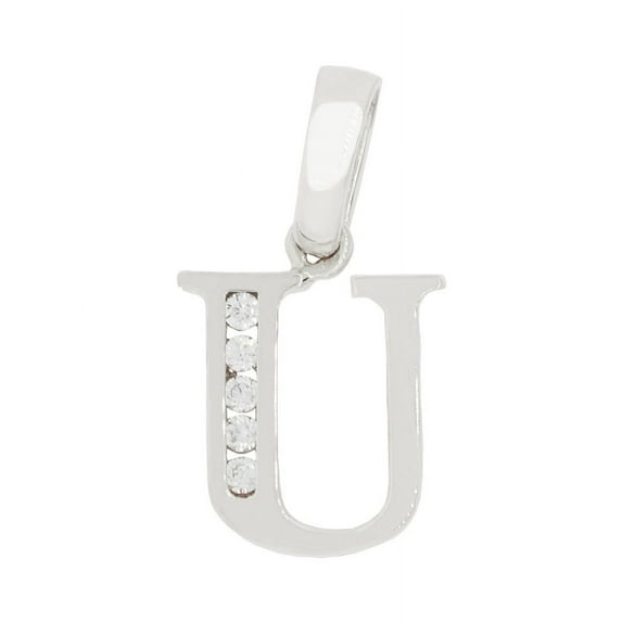 14k Gold White Rhodium, Small Initial Capital Letter U Pendant Charm Created CZ 9mm Wide