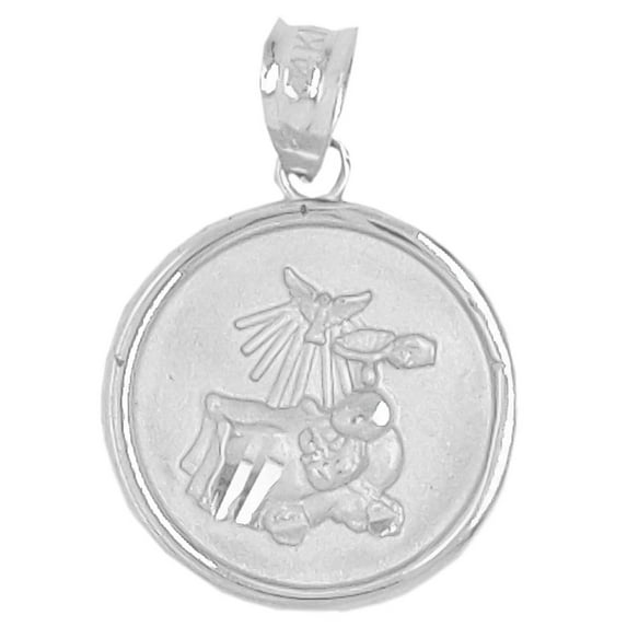 14k Gold White Rhodium, Small Size Light Weight Baptism Pendant Religious Charm Round 14mm NO Necklace