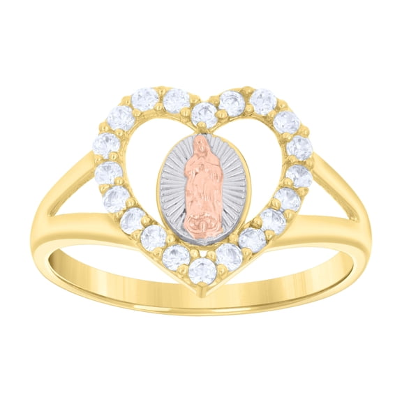 14k Gold Womens Tri-Color Cz Guadalupe Mary Heart Sz7 Religious Ring Band