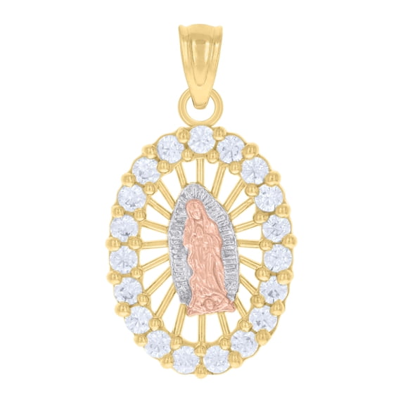 14k Gold Womens Tri-Color Cz Guadalupe Mary Oval Religious Ht:23.8Mm Pendant Charm