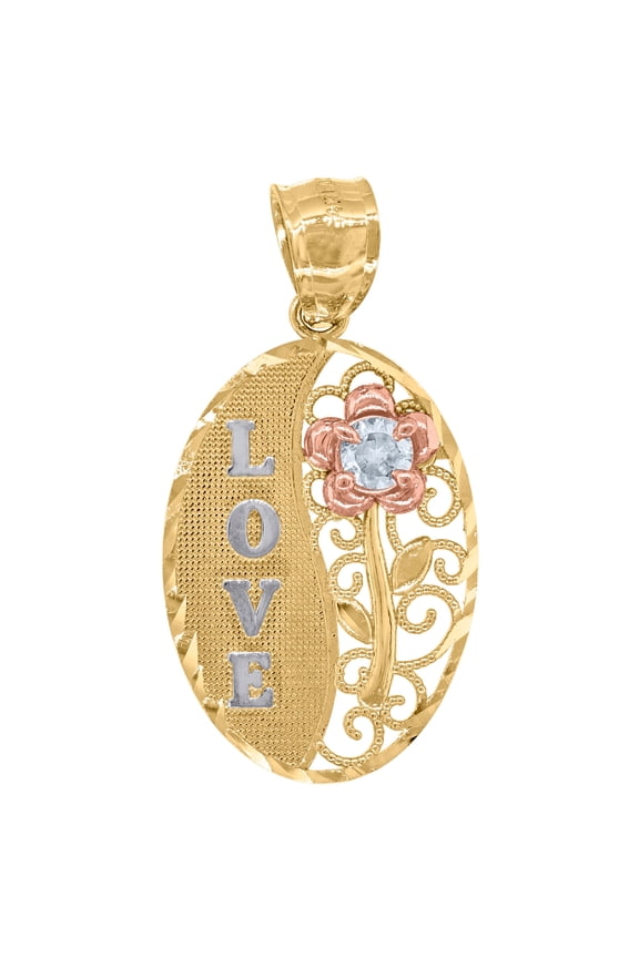 14k Gold Womens Tri-Color Dc Cubic-Zirconia Love Flower Oval Charm Pendant