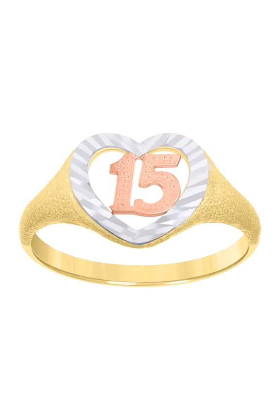 14k Gold Womens Tri-Color Diamond-Cut 15 Anos Heart Sz7 Quinceanera Band Ring