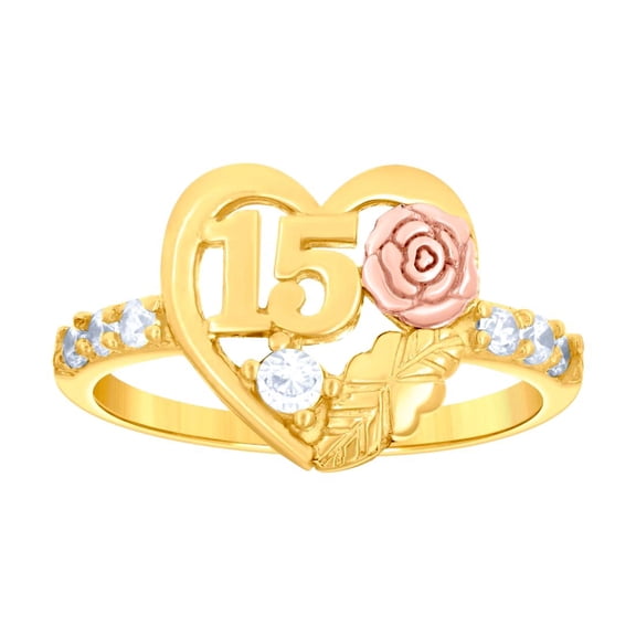 14k Gold Womens Tri-color CZ 15 Anos Rose Love Heart Quinceanera Ring Band 11.7x1.5mm Wide Size 7 Statement Ring for Wom