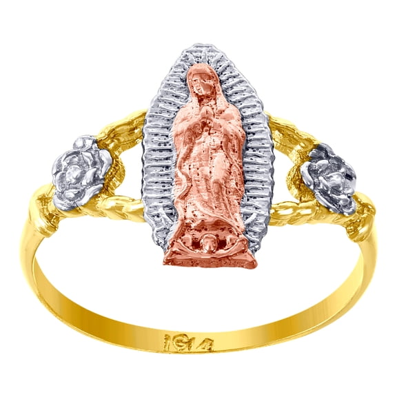 14k Gold Womens Tri-color CZ Guadalupe Mary Flower Religious Ring Band 1.8x1.8mm Wide Size 7 Ring for Women and Men
