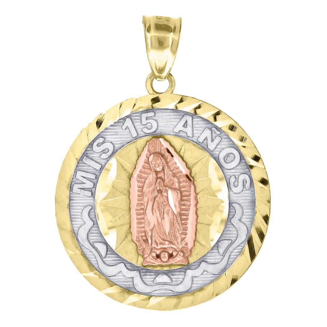 10k Solid Gold Tri-Color Virrgin Mary Mis 15 Años Pendant Necklace Vir –  Fran & Co Jewelry