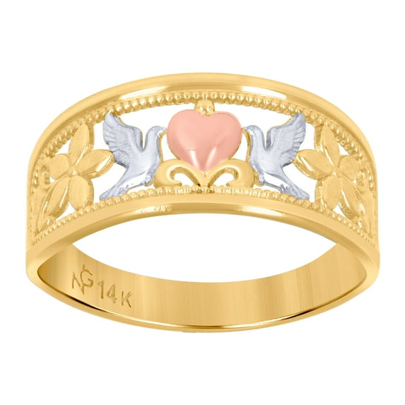 14k Gold Womens Tri-color Love Heart Pigeons Peace Band Ring 9x3.2mm Wide Size 7 Statement Ring for Women and Men