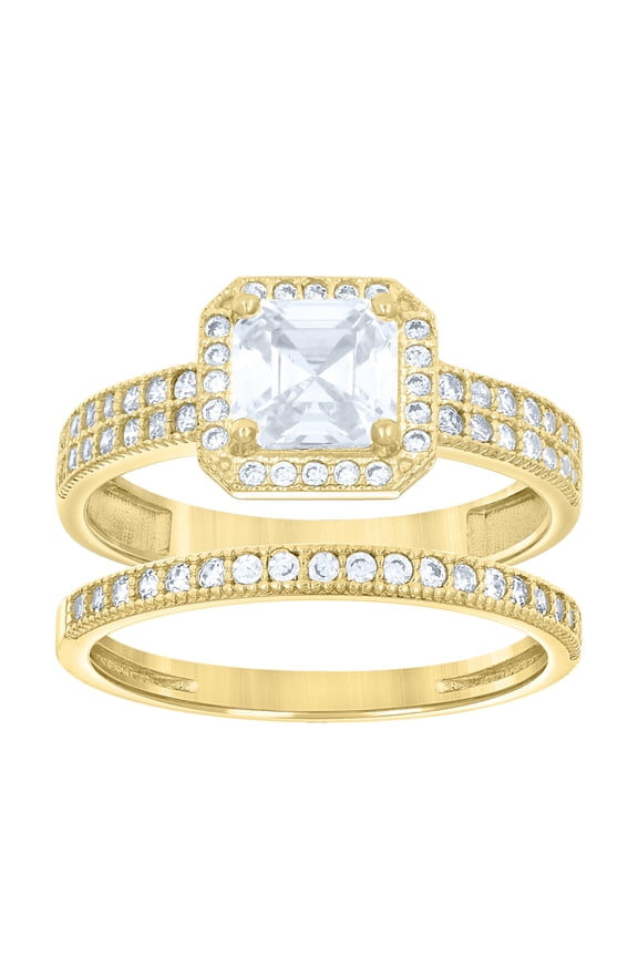 14k Gold Womens Two-Tone Cz Duo Center Princess-Cut Wedding Bridal Set Band Ring