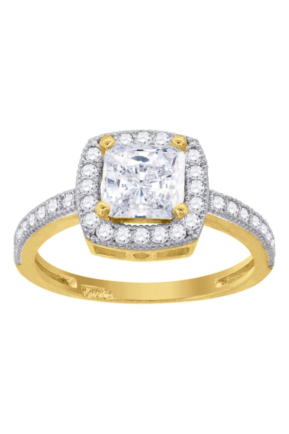 14k Gold Womens Two-Tone Cz Square Halo Princess-Cut Center Wedding Engagement Band Ring