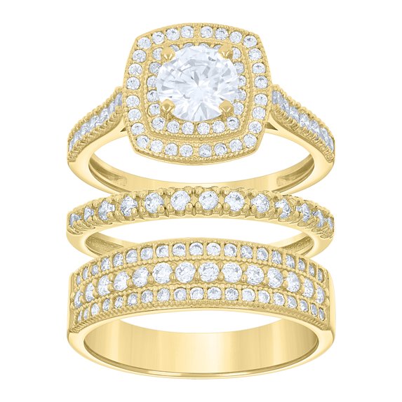14k Gold Womens Two-Tone Cz Trio His Hers Square Halo Wedding Engagement Bridal Set Ring
