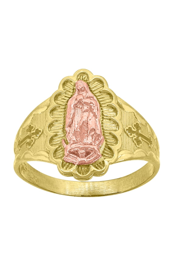 14k Gold Womens Two-Tone Guadalupe Mary Cross Sz7 Religious Band Ring