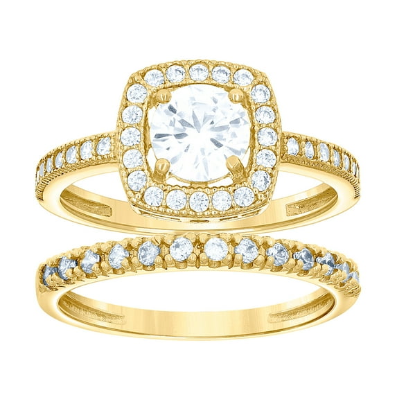 14k Gold Womens Two-tone CZ Duo Square Head Center Stone Wedding Engagement Bridal Set Ring 5.2x4.3mm Wide Size 7 Engage