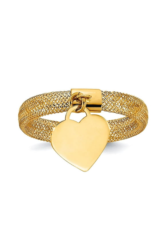 14k Gold Woven Mesh Stretch Polished Love Heart Charm Ring Size 7.00 4mm Wide Statement Ring for Women