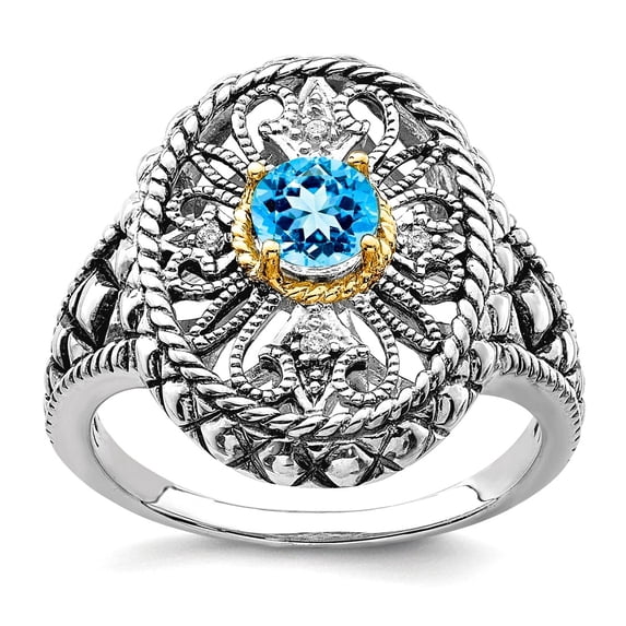 14k Gold and 925 Sterling Silver Polished Oxidized Blue Topaz And Cubic Zirconia Filagree Oval Fancy Ring Size 7 Ring fo