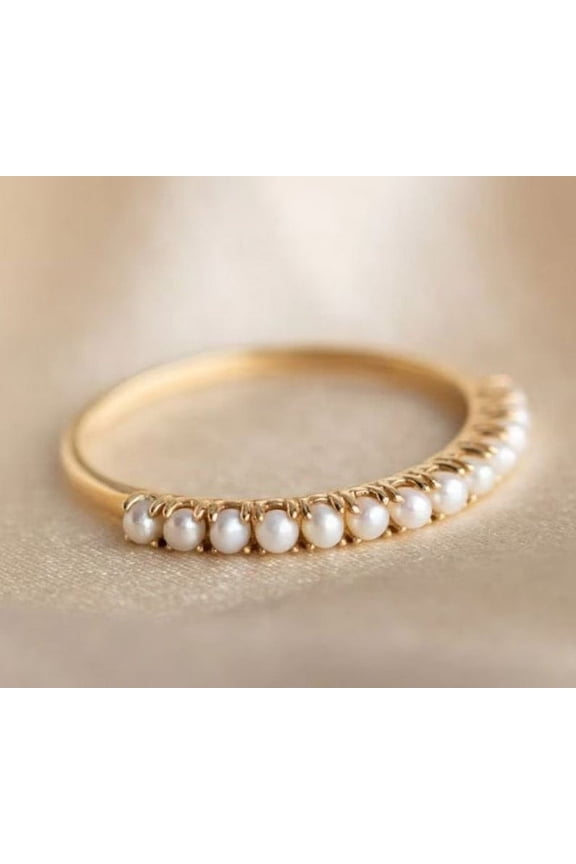 Dainty Pearl Stacking Band White Pearl Wedding Ring 14k, Gold
