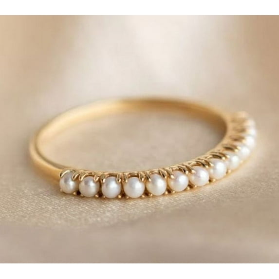 14k Gold dainty pearl ring, pearl stacking band ring, pearl eternity wedding band, june birthstone, promise ring, christmas gift for mom