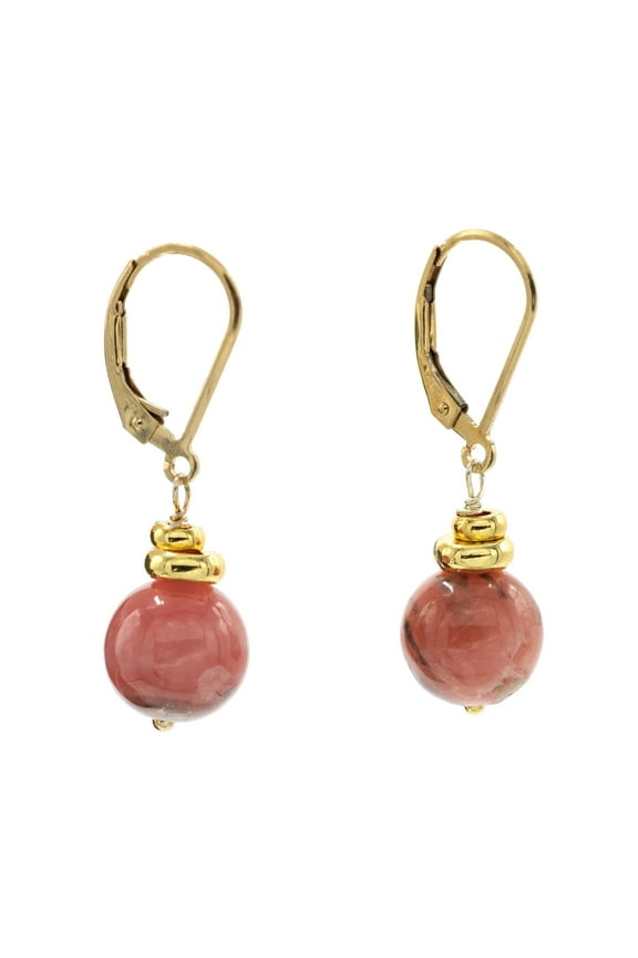 1160 14k Gold Filled Lever-Back Rhodochrosite Drop Earrings with Gold-Tone Disc Accents for Adults