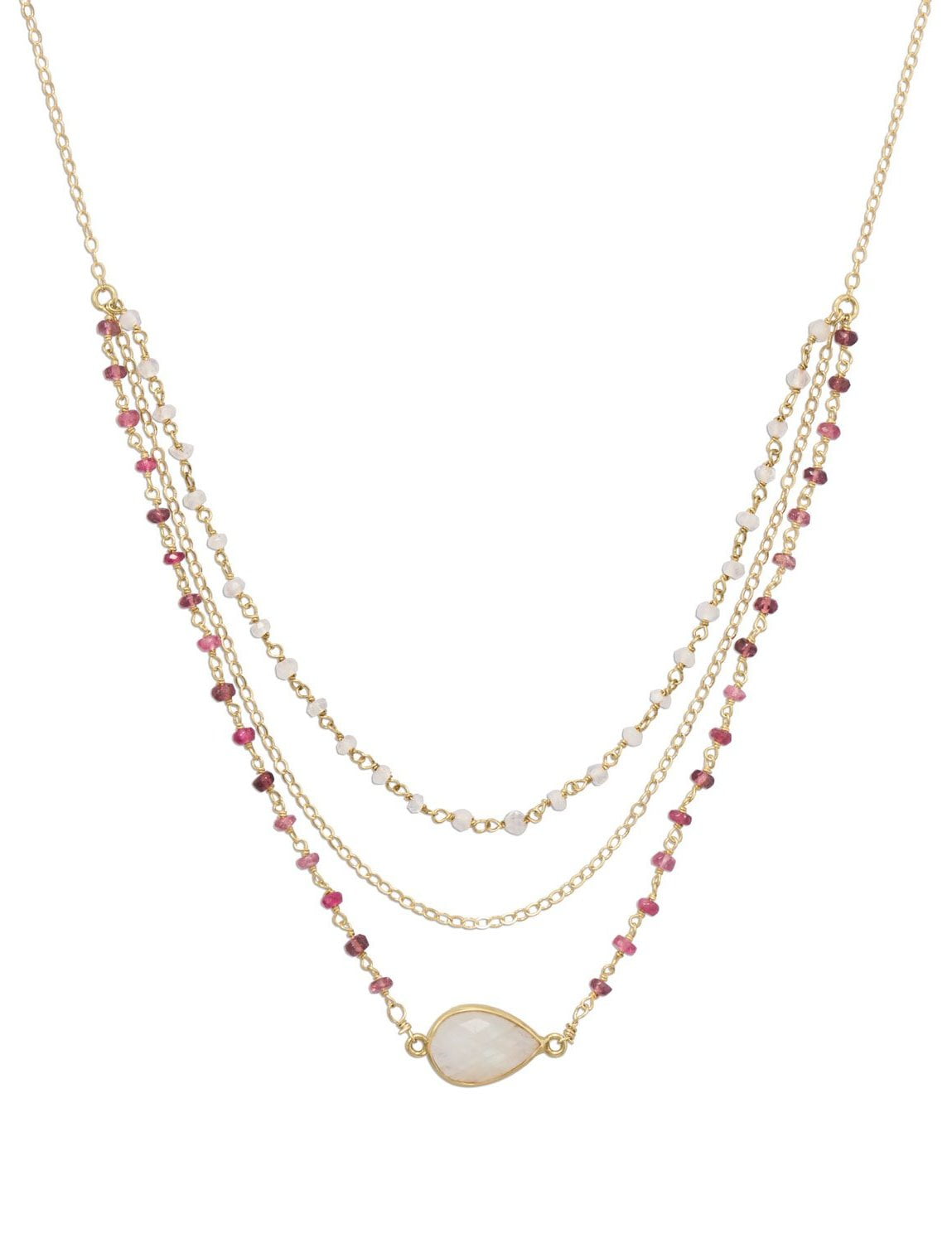 14k Gold-filled Three-Strand Rainbow Moonstone and Tourmaline Necklace 14k Gold-filled Three-Strand Rainbow Moonstone and Tourmaline Necklace