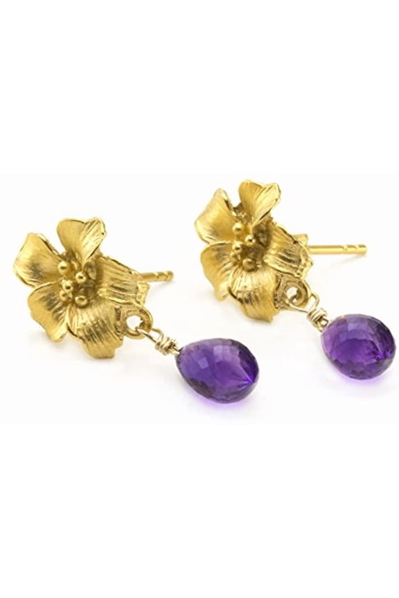 14k Gold over Sterling Silver Amethyst Earrings Flower Shape Dangling Amethysts Post Studs For Adult Women
