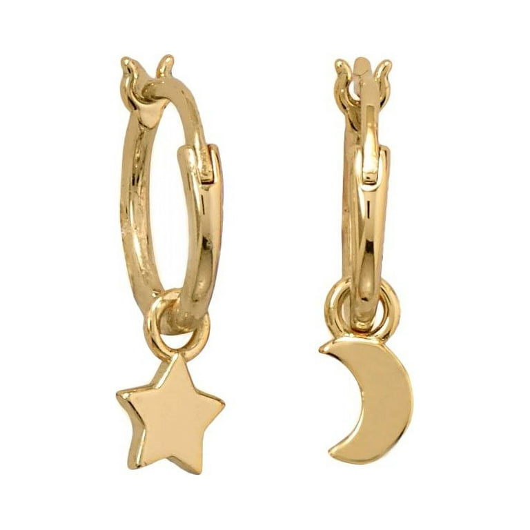 14k Gold-plated Hoop Earrings with Dangling Moon and Star Charms 14k Gold-plated Hoop Earrings with Dangling Moon and Star Charms
