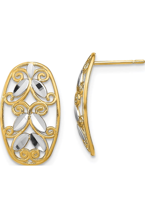 14K Yellow & Rhodium With Oval D/C Filigree Post Dangle Earrings (18 X 10) Made In United States te917