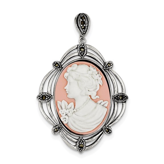 Sterling Silver Marcasite Plastic Cameo Pendant