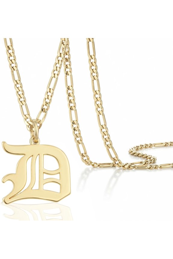 14k Initial Pendant Necklace for Men - A-Z Letter Necklace with Figaro Chain, Old English Personalized Alphabet Charm