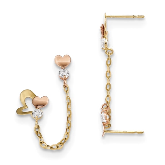 14k Madi K Two-tone CZ Double Post w/Chain Heart Earring 14k Two-tone Earrings