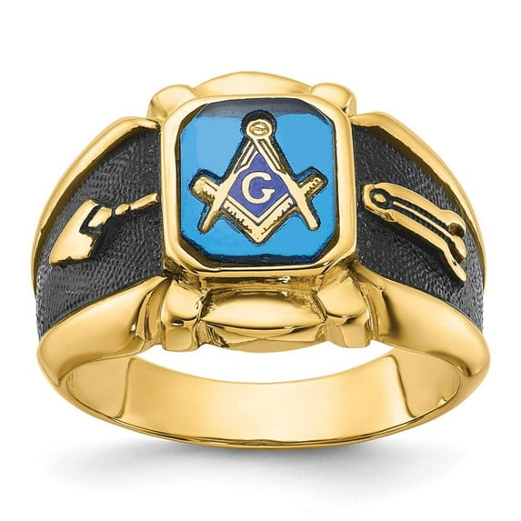 14k Men's Polished, Antiqued and Textured with Imitation Blue Spinel Masonic Ring Y4076M