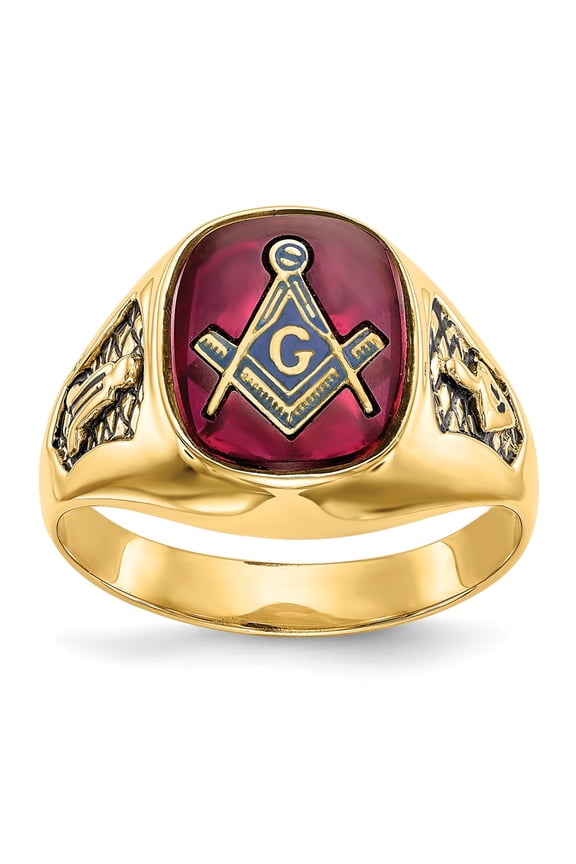 14k Men's Synthetic Ruby Masonic Ring