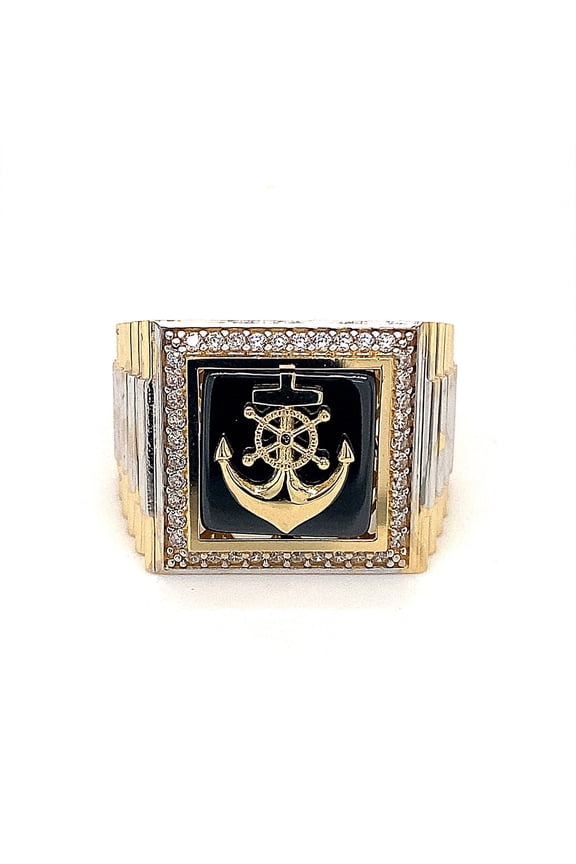 14k Mens Anchor CZ Stone Ring