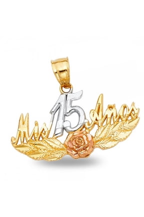 14k Mis 15 Anos Rose Pendant Sweet Quinceanera Birthday Charm Tri Tone Gold Solid New 16 mm x 28 mm