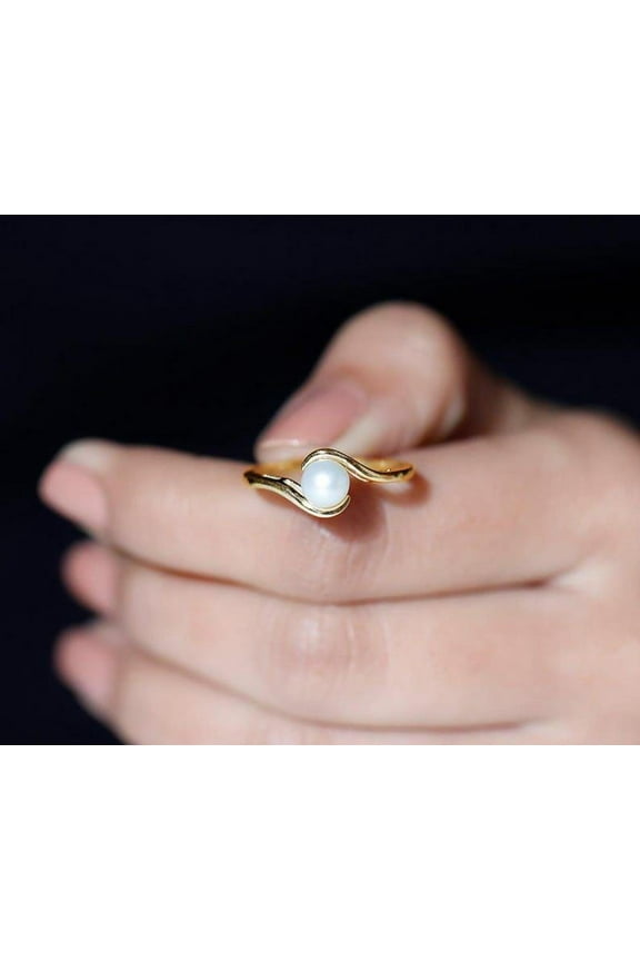 14k Pearl Ring, Solid Gold Plated Bypass Rings for Women, Freshwater Pearl Engagement Ring, Anniversary Gift Ring, June Birthstone Statement Ring