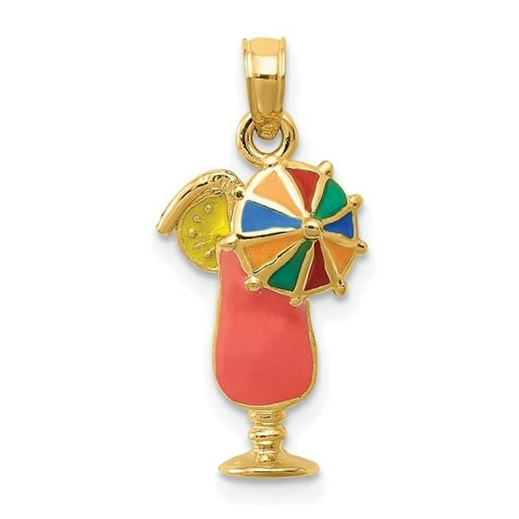 14k Yellow Gold Polished Pink Enameled Tropical Drink Pendant Necklace 22x10mm Pendant for Women