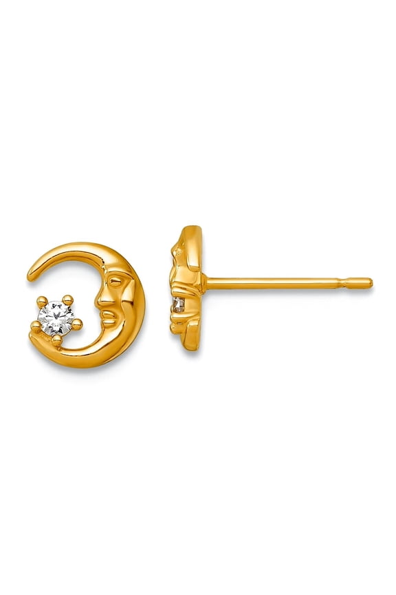 14k Solid Yellow Gold Polished Cubic Zirconia Celestial Moon Post Earrings 7x6.6mm Wide Stud Earring for Women