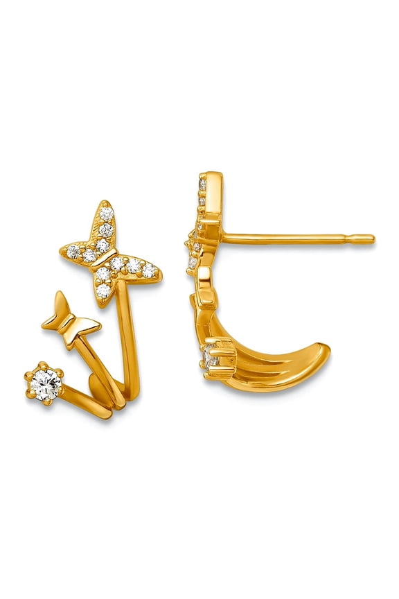 14k Solid Yellow Gold Polished Cubic Zirconia Double Butterfly Angel Wings Post Cuff Earrings 12.5x12.4mm Wide Ear Cuff