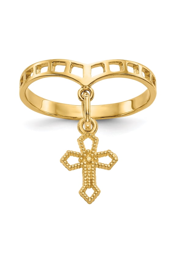 14k Polished Cross Dangle Charm Ring